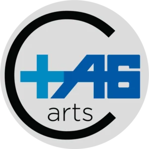 Circular logo with black arc border containing blue stylized text reading TAGarts with a plus symbol and lightning bolt design