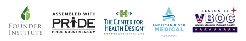 Logos of Founder Institute, Assembled with Pride Industries, The Center for Health Design, American River Medical, and Region IX BOC
