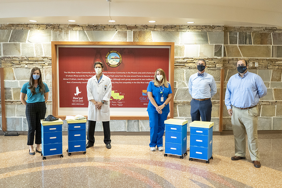 Gila River Health Care representatives and the team from TAGCarts presented the carts donated to assist treatment of COVID-19 patients. Christopher Lomahquahu/GRIN