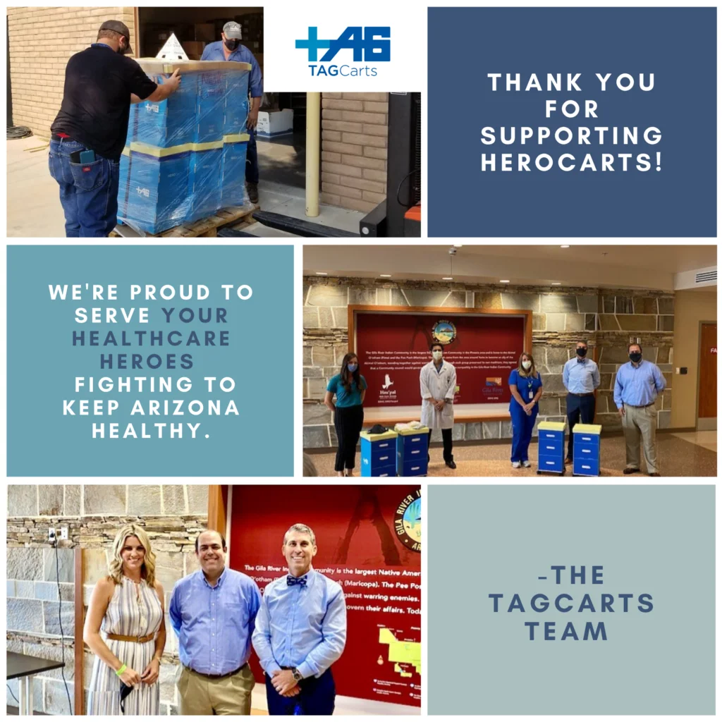 Healthcare workers receiving support from TAGCarts with thank you message for Arizona healthcare heroes