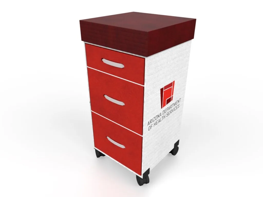 Mobile cart with dark red top, white front panel with red drawers and metal handles, mounted on black casters