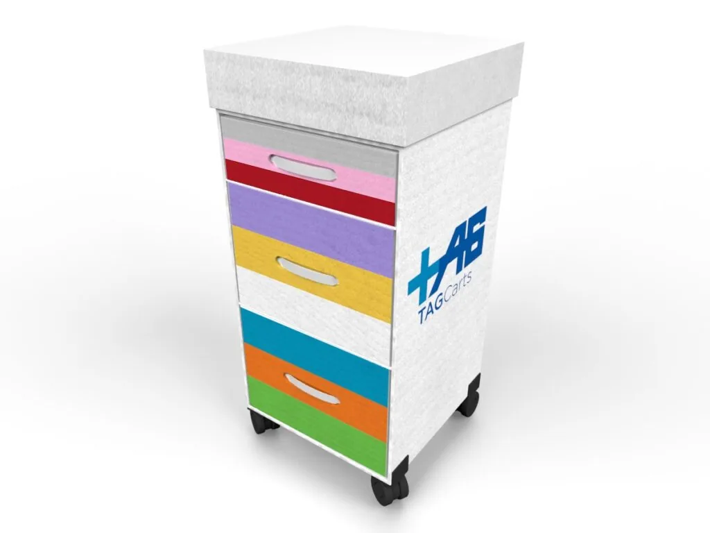 Mobile storage cart with white body and colorful stacked drawers in pink, red, purple, yellow, teal, orange, and green with black casters