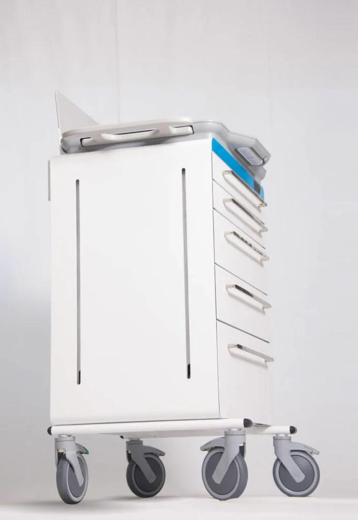 White medical cart with multiple drawers, casters, and metal handles on light background