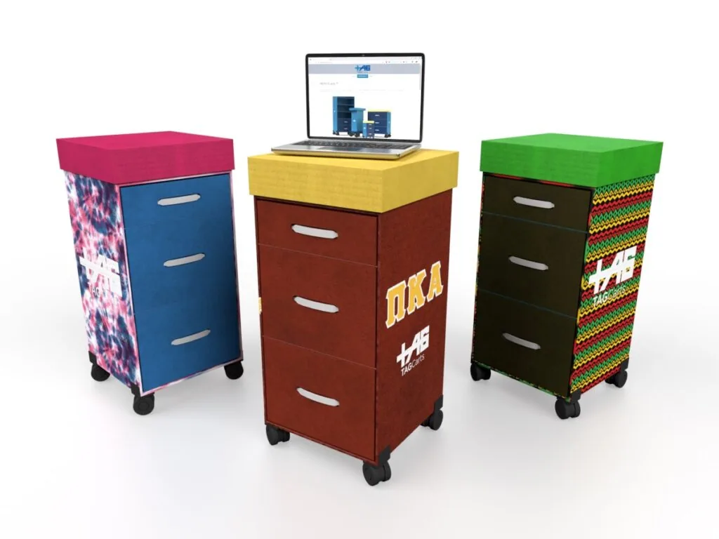 Three colorful mobile storage carts with drawers and casters; center cart displays laptop showing product image