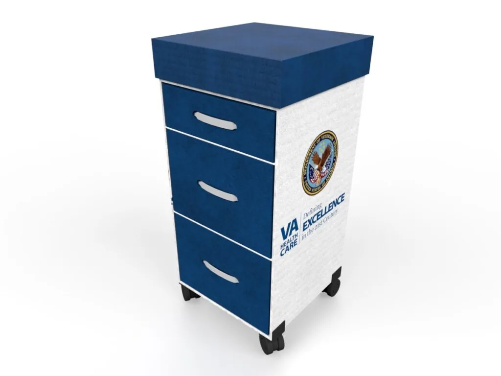 Mobile storage cart with three drawers, blue and white exterior with official seal and text on front, metal handles and casters