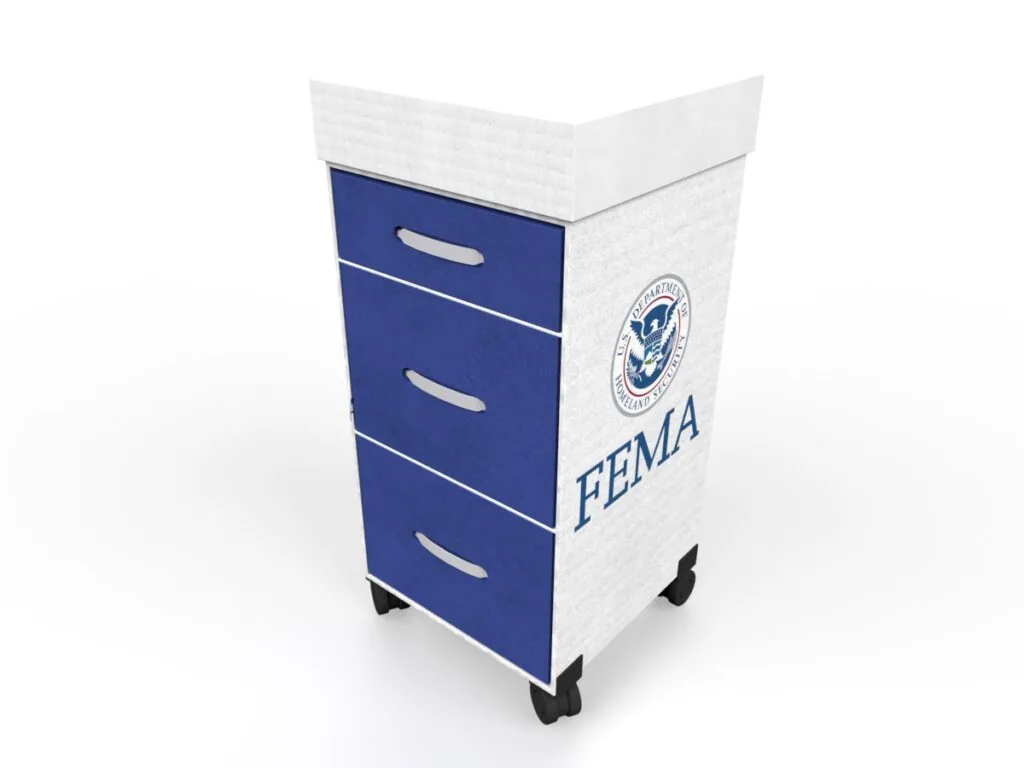 Mobile cart with three blue drawers, white top, and official seal emblem on side