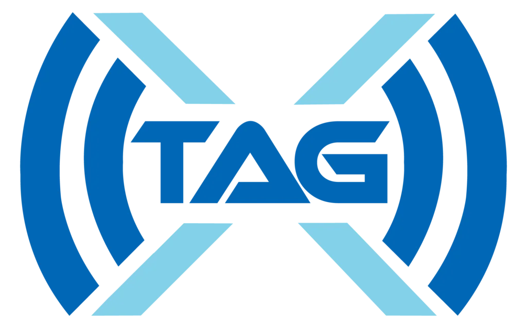 Blue and light blue geometric logo with TAG text in center and curved wave design elements on sides