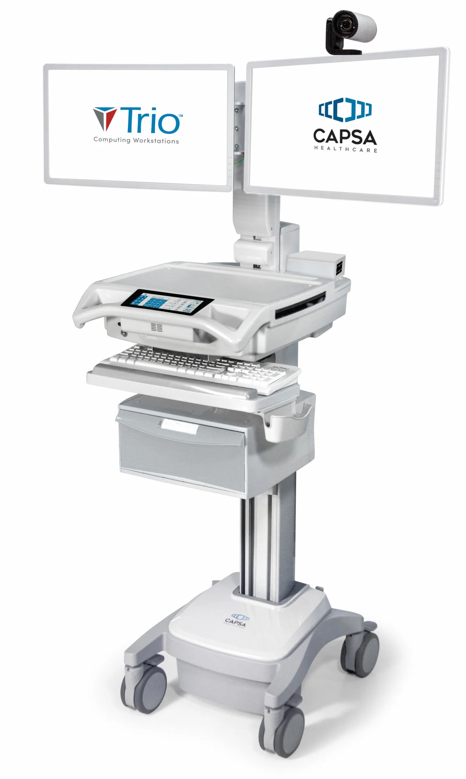 White medical cart with dual monitors displaying Trio and CAPSA logos, keyboard, touch screen interface, camera, and storage drawer on wheeled base