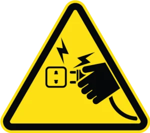 Yellow triangular warning sign with black border showing a hand touching an electrical outlet with lightning bolts, indicating electrical shock hazard.