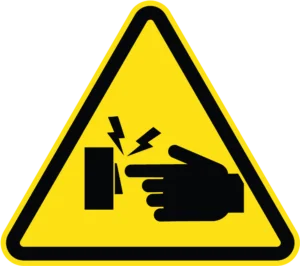Yellow triangular warning sign with black border showing hand touching electrical switch with lightning bolts