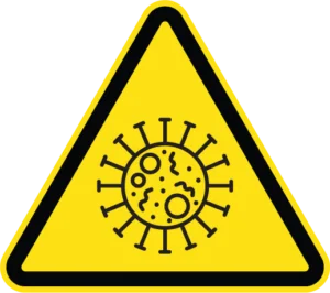 Yellow triangular warning sign with black border and virus particle symbol