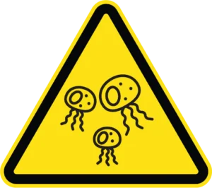 Yellow triangular warning sign with black border showing three jellyfish silhouettes