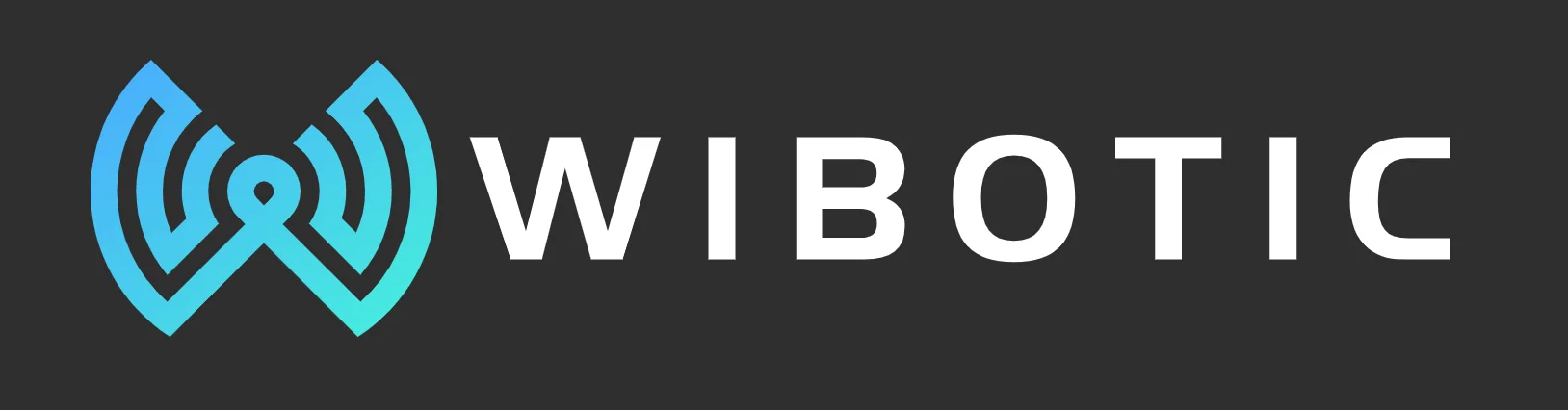 Wibotic logo with blue wireless signal icon and white text on dark background